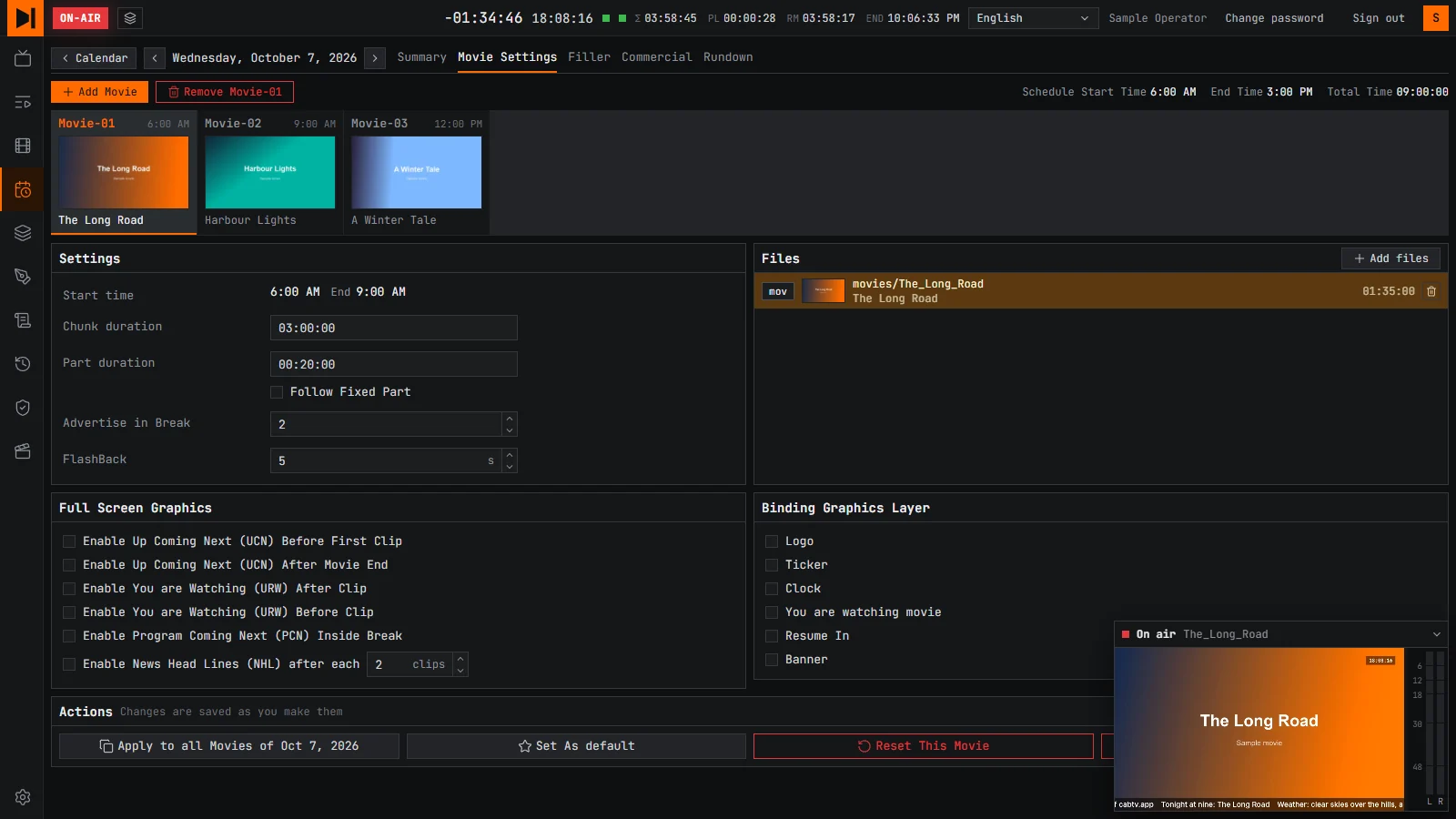 The day planner of CabTV Edge: three movies of a day, each with its file, its start and its settings.