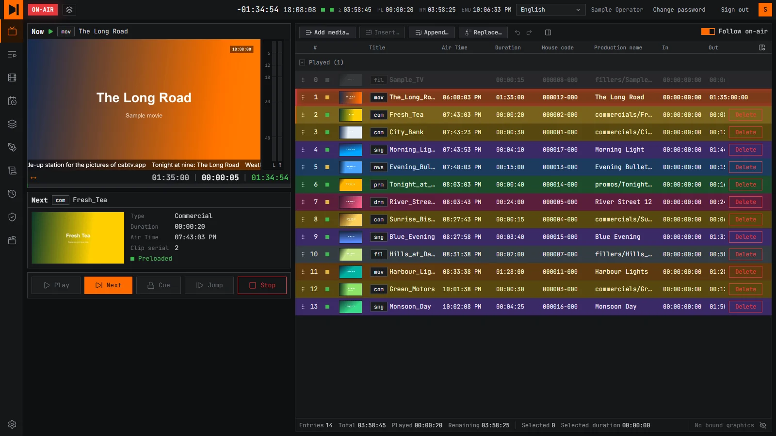 The On Air page of CabTV Edge: a movie playing, the preview of the channel beside the rundown, every row in the colour of its type.